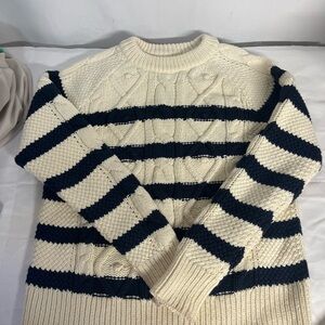 Vineyard Vines Cream and Navy Blue Nautical Striped Pom Crewneck Sweater S Small